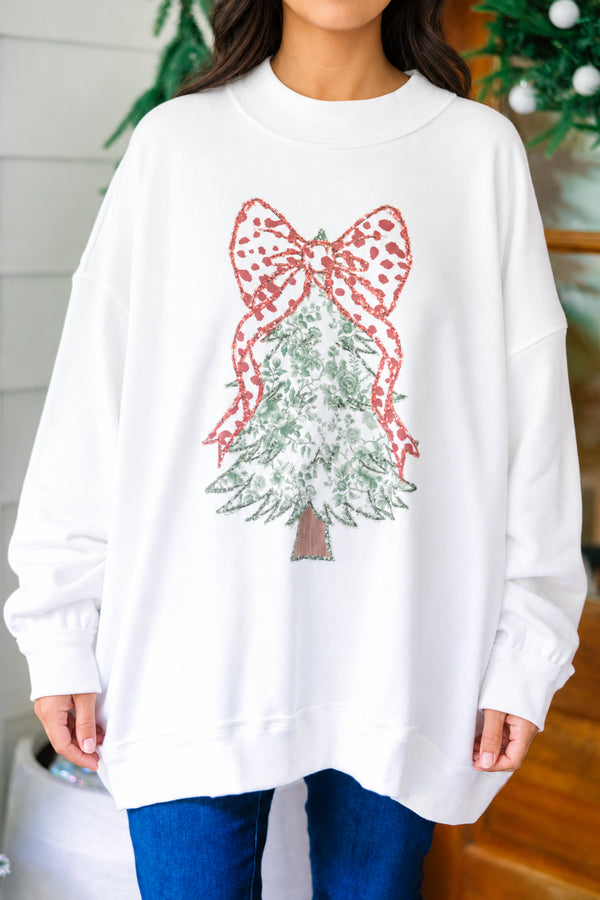 Chic Soul plus size clothing, off white oversized long sleeve mock neck sweatshirt with a Christmas tree and a big red bow on top 
