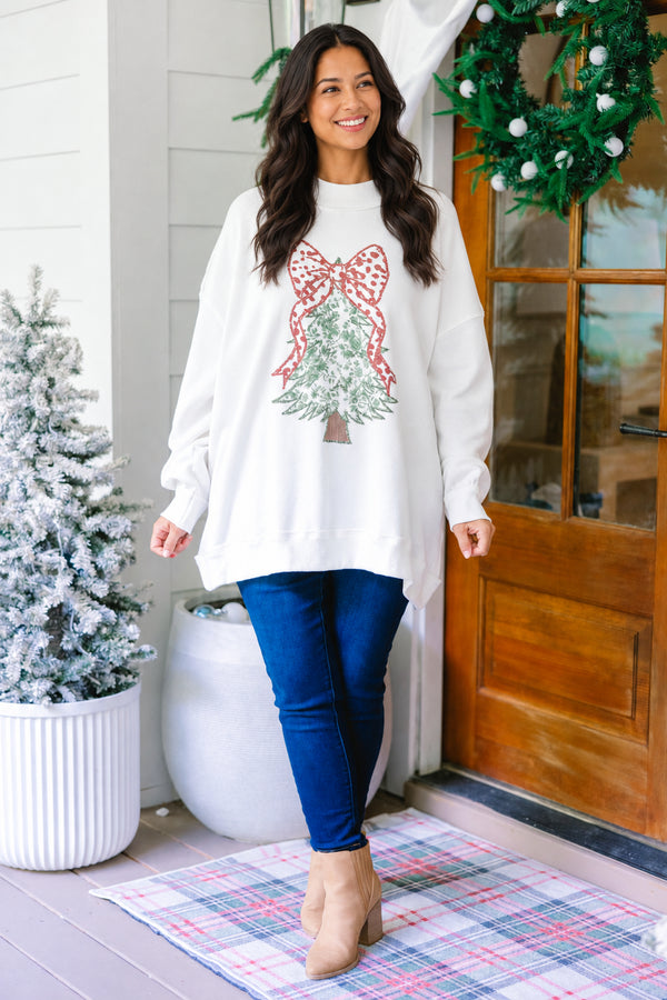 Chic Soul plus size clothing, off white oversized long sleeve mock neck sweatshirt with a Christmas tree and a big red bow on top 

