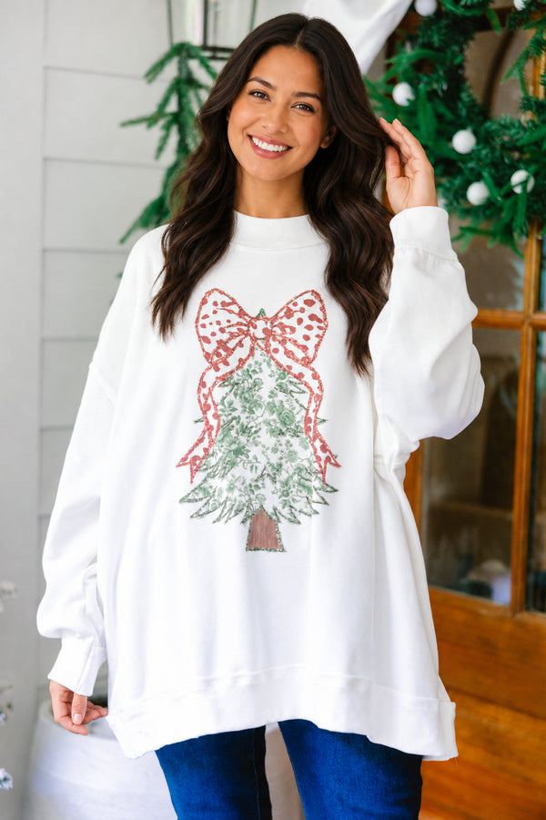 Chic Soul plus size clothing, off white oversized long sleeve mock neck sweatshirt with a Christmas tree and a big red bow on top 
