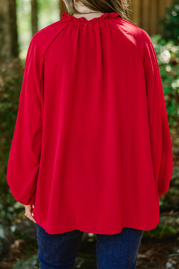 Chic Soul plus size clothing, red long sleeve button up blouse with ruffle detailing down the front and collar