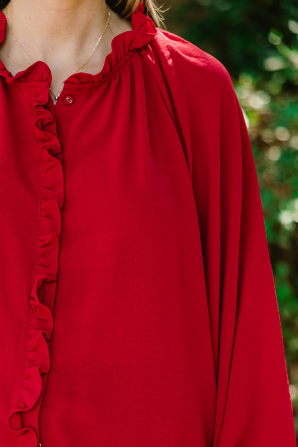 Chic Soul plus size clothing, red long sleeve button up blouse with ruffle detailing down the front and collar