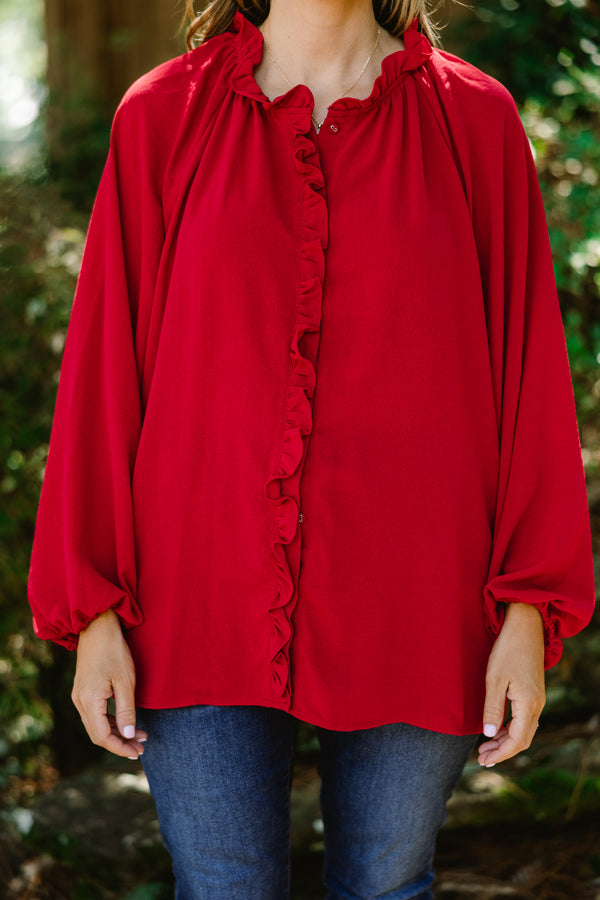 Chic Soul plus size clothing, red long sleeve button up blouse with ruffle detailing down the front and collar