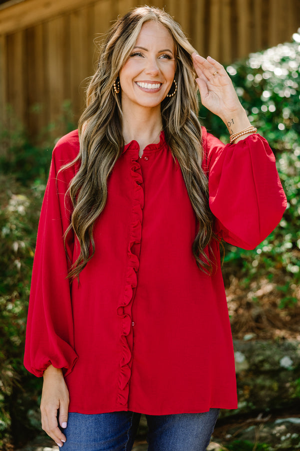 Chic Soul plus size clothing, red long sleeve button up blouse with ruffle detailing down the front and collar