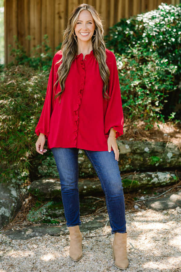 Chic Soul plus size clothing, red long sleeve button up blouse with ruffle detailing down the front and collar