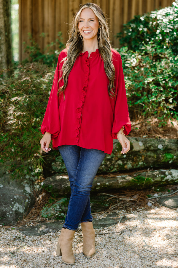 Chic Soul plus size clothing, red long sleeve button up blouse with ruffle detailing down the front and collar