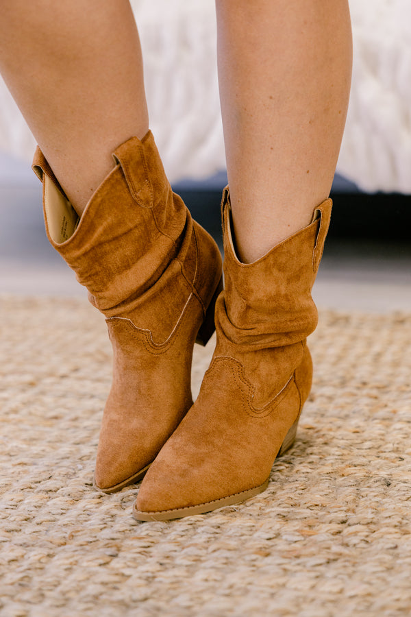 Chic Soul plus size clothing, dark tan suede ankle cowboy booties