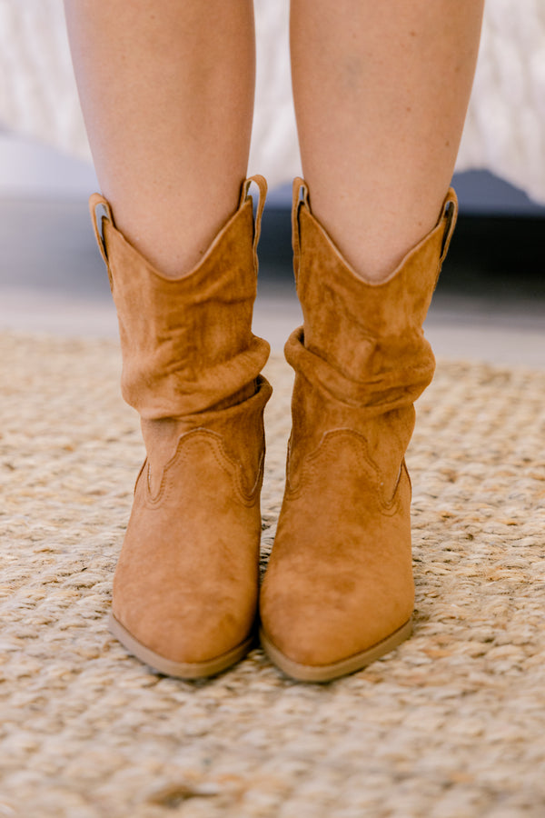 Chic Soul plus size clothing, dark tan suede ankle cowboy booties