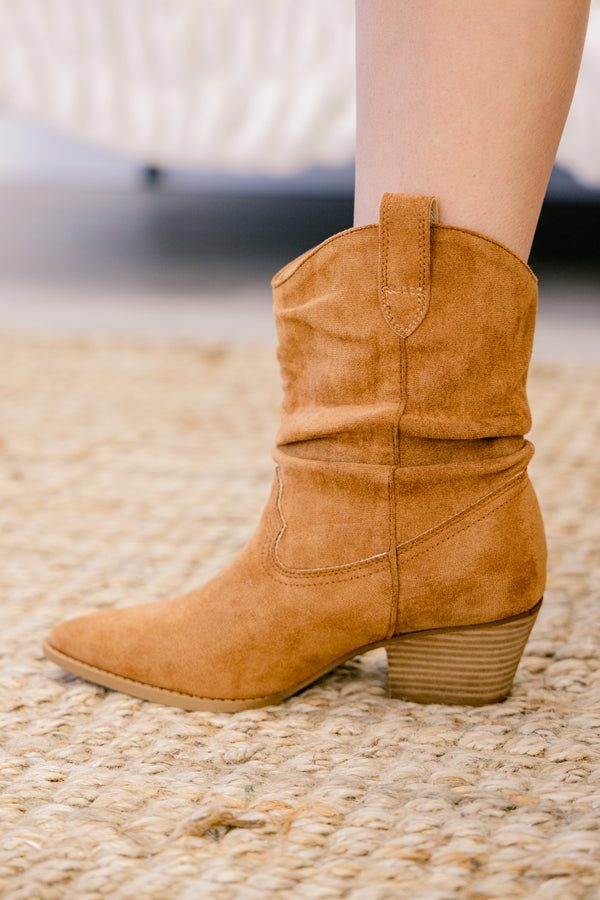 Chic Soul plus size clothing, dark tan suede ankle cowboy booties