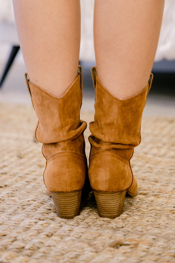 Chic Soul plus size clothing, dark tan suede ankle cowboy booties
