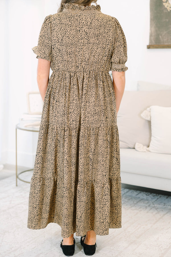 Plus Size cream tiered maxi dress with black micro-dot print, puff sleeves, and a v-neckline.