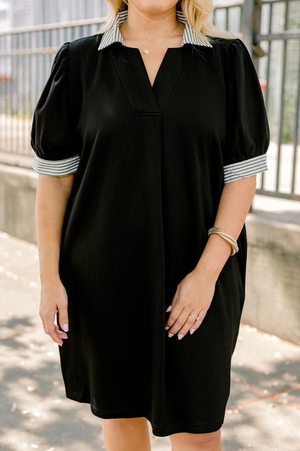 Chic Soul plus size clothing, black short puff sleeve dress with and black thin horizontal stripe cuff around the sleeves and on the collar