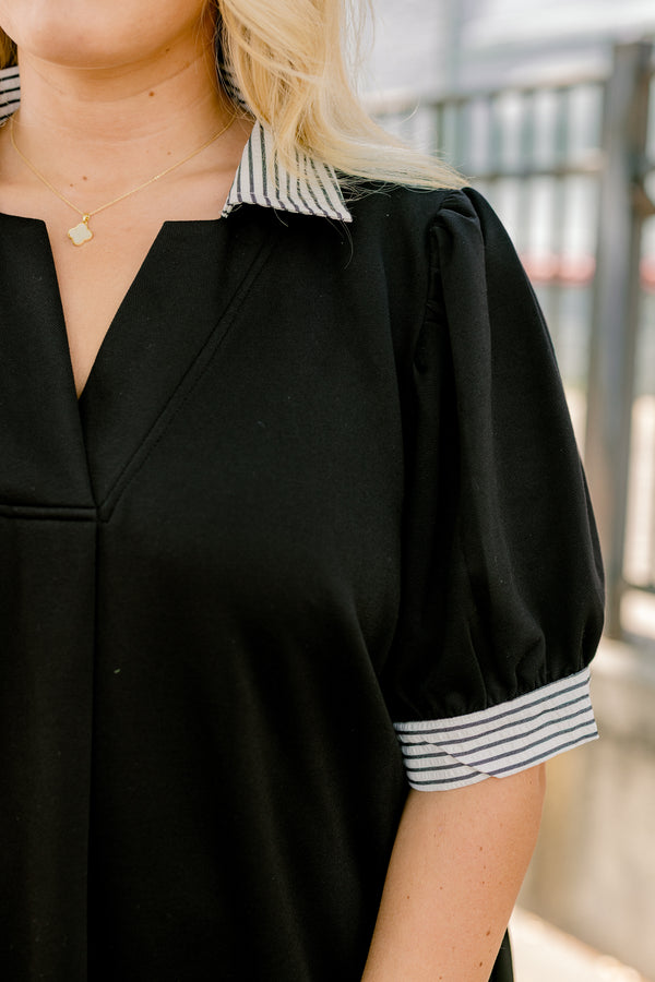 Chic Soul plus size clothing, black short puff sleeve dress with and black thin horizontal stripe cuff around the sleeves and on the collar