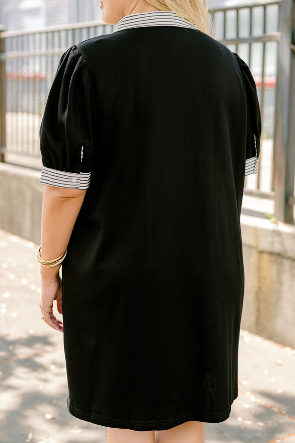 Chic Soul plus size clothing, black short puff sleeve dress with and black thin horizontal stripe cuff around the sleeves and on the collar