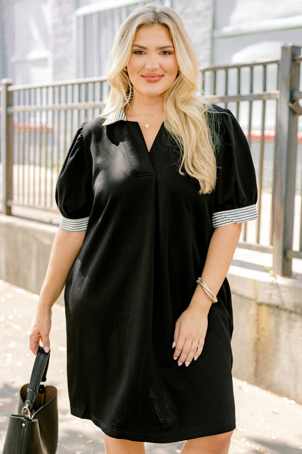 Chic Soul plus size clothing, black short puff sleeve dress with and black thin horizontal stripe cuff around the sleeves and on the collar
