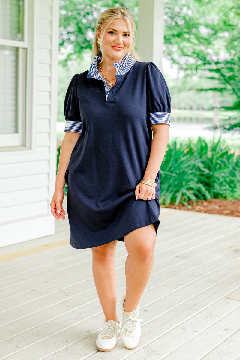 navy short sleeve mini dress Women's Prep School Dress, Blue