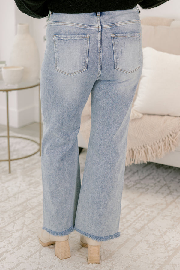 Chic Soul plus size clothing, mid-waisted light wash straight jeans with distressed edges