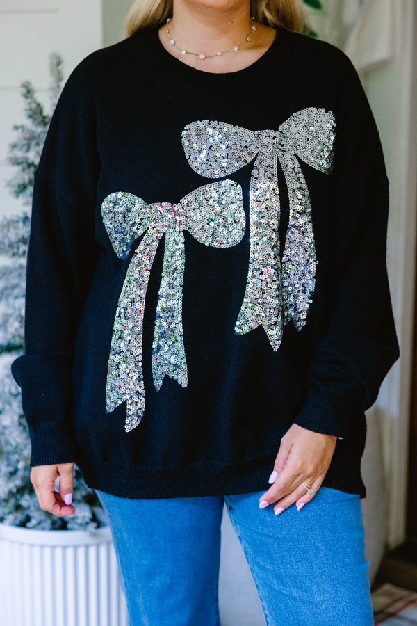 Chic Soul plus size clothing, black long sleeve crew neck sweater with 2 large silver sequin bows on the front