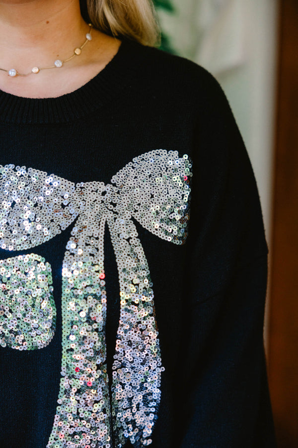 Chic Soul plus size clothing, black long sleeve crew neck sweater with 2 large silver sequin bows on the front