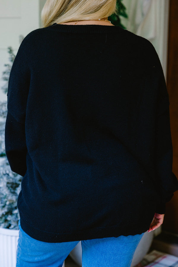 Chic Soul plus size clothing, black long sleeve crew neck sweater with 2 large silver sequin bows on the front