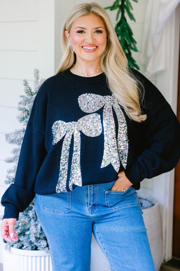 Chic Soul plus size clothing, black long sleeve crew neck sweater with 2 large silver sequin bows on the front