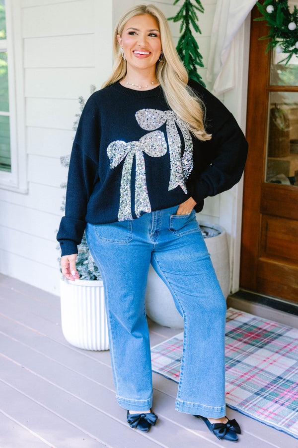 Chic Soul plus size clothing, black long sleeve crew neck sweater with 2 large silver sequin bows on the front