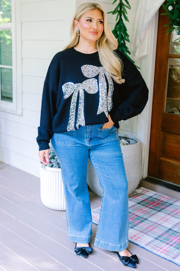 Chic Soul plus size clothing, black long sleeve crew neck sweater with 2 large silver sequin bows on the front