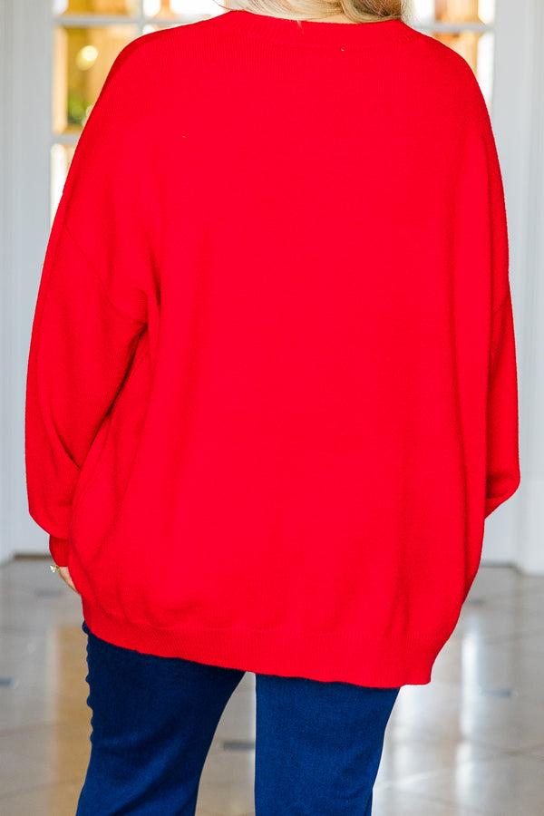 Chic Soul plus size clothing, red long sleeve sweater with round neckline with two gold glitter bows on the front