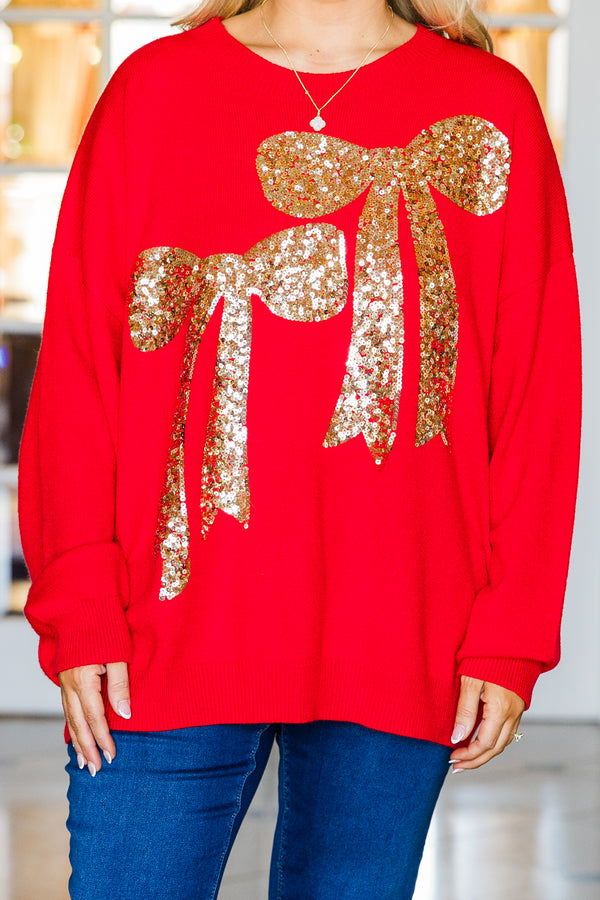 Chic Soul plus size clothing, red long sleeve sweater with round neckline with two gold glitter bows on the front