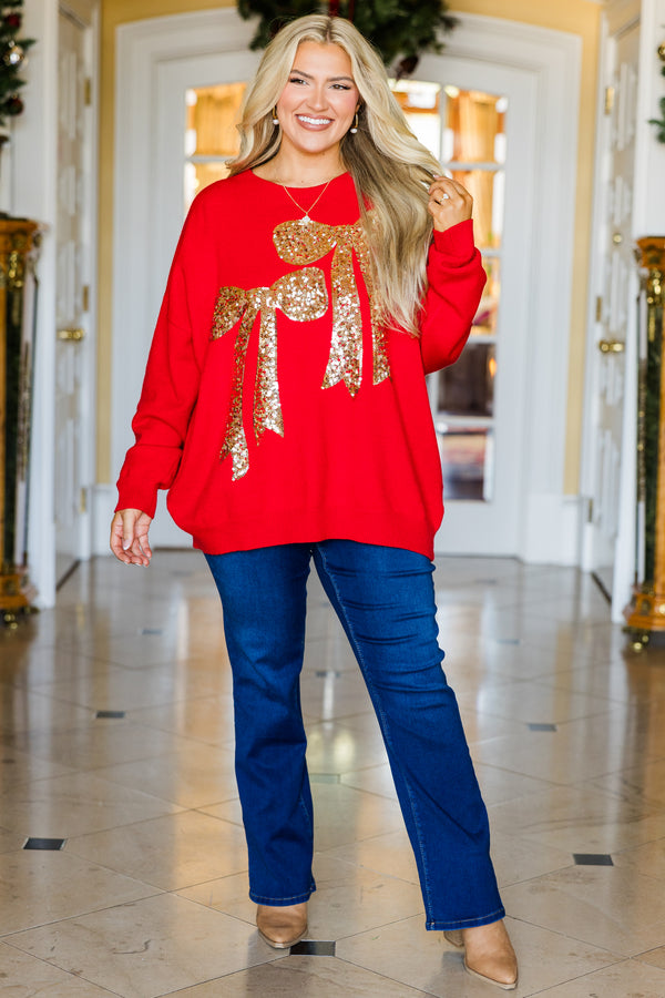 Chic Soul plus size clothing, red long sleeve sweater with round neckline with two gold glitter bows on the front