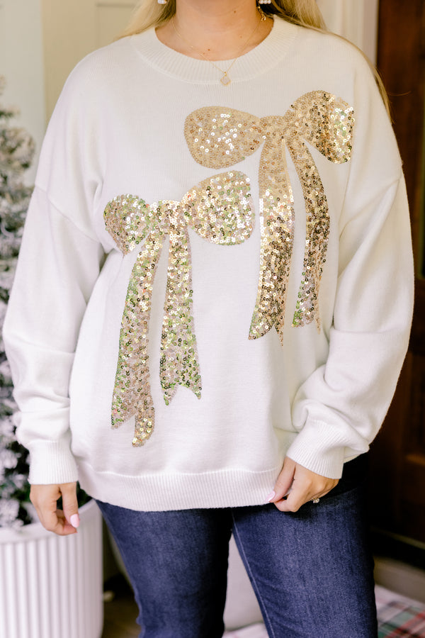 Chic Soul plus size clothing, white crewneck long sleeve sweater with 2 gold sparkly bows 