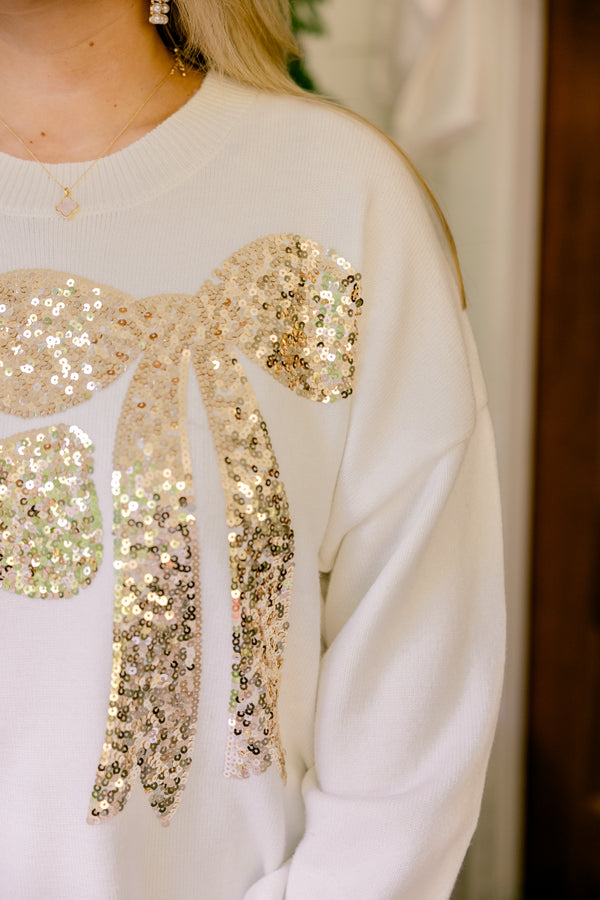Chic Soul plus size clothing, white crewneck long sleeve sweater with 2 gold sparkly bows 