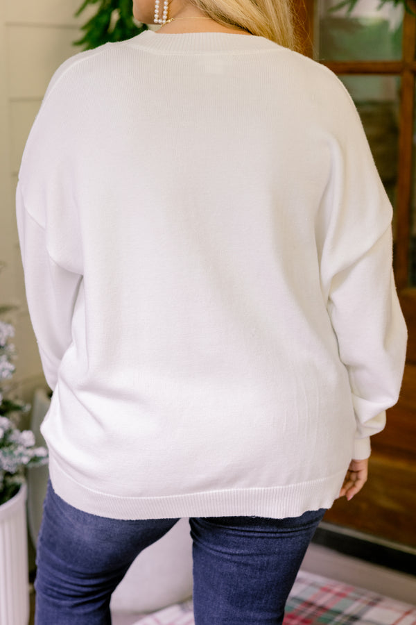 Chic Soul plus size clothing, white crewneck long sleeve sweater with 2 gold sparkly bows 