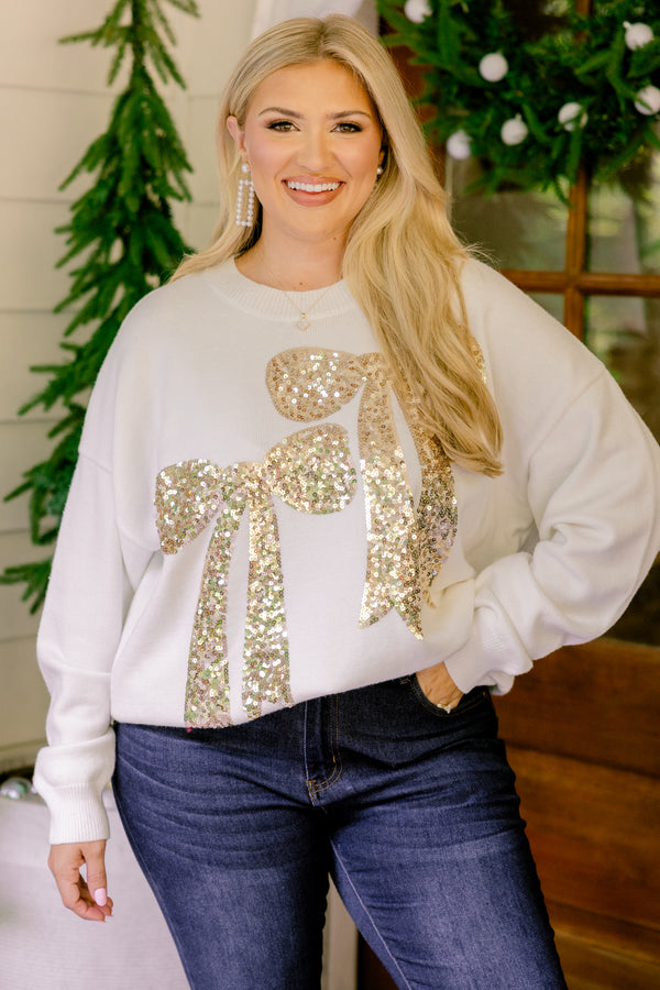 Chic Soul plus size clothing, white crewneck long sleeve sweater with 2 gold sparkly bows 