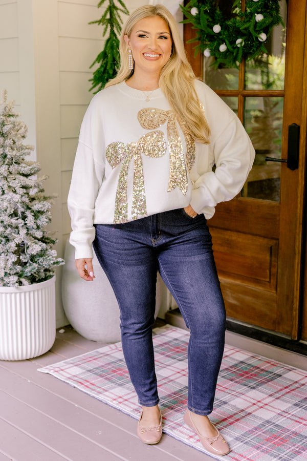 Chic Soul plus size clothing, white crewneck long sleeve sweater with 2 gold sparkly bows 