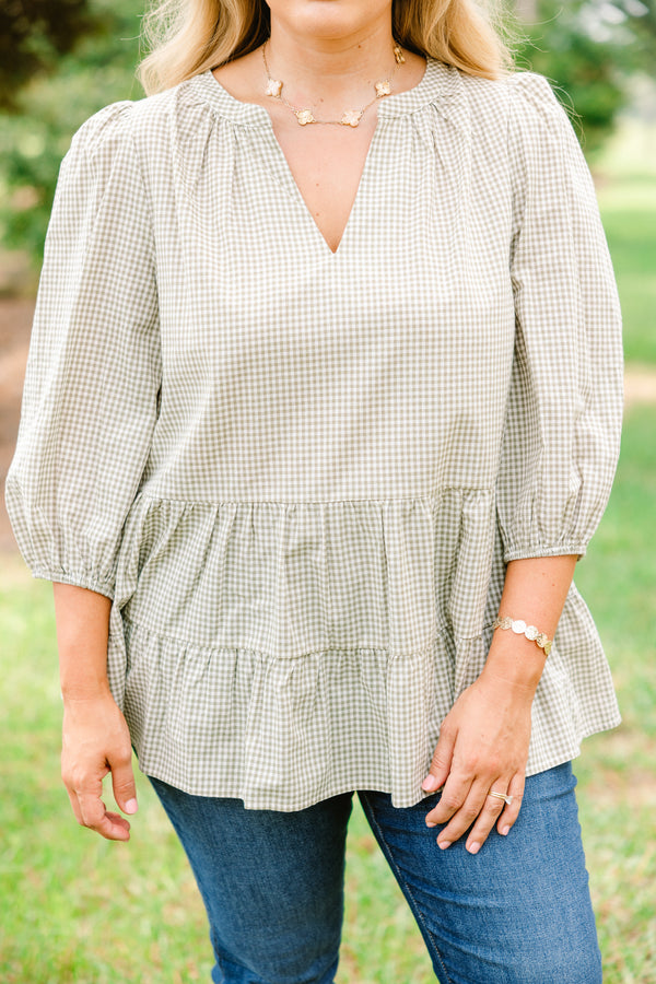 Chic Soul plus size clothing, light green and white gingham long puff sleeve top with v-neck and small peplum hem