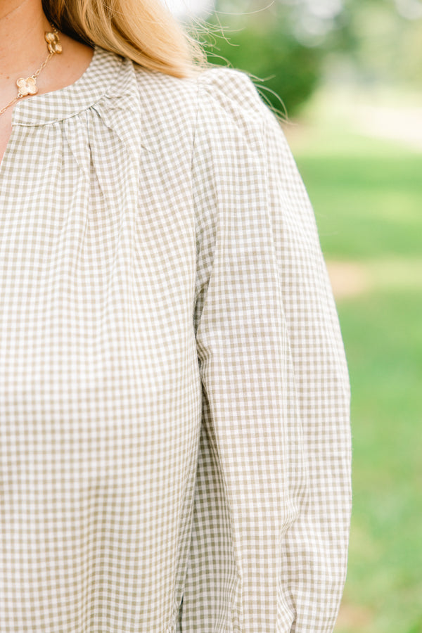 Chic Soul plus size clothing, light green and white gingham long puff sleeve top with v-neck and small peplum hem