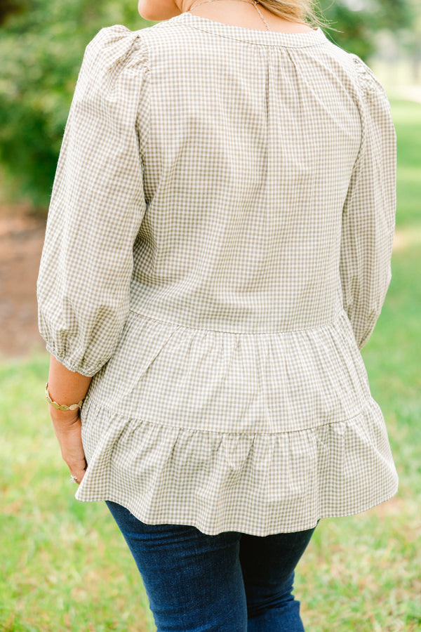 Chic Soul plus size clothing, light green and white gingham long puff sleeve top with v-neck and small peplum hem