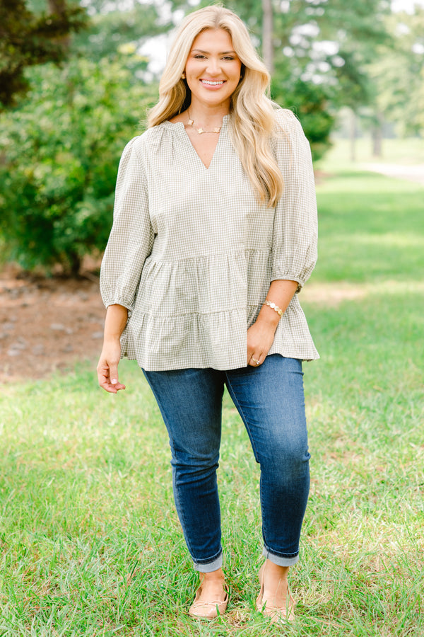 Chic Soul plus size clothing, light green and white gingham long puff sleeve top with v-neck and small peplum hem