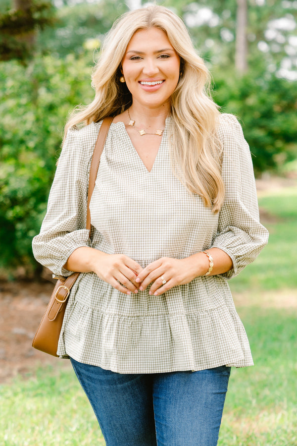 Chic Soul plus size clothing, light green and white gingham long puff sleeve top with v-neck and small peplum hem