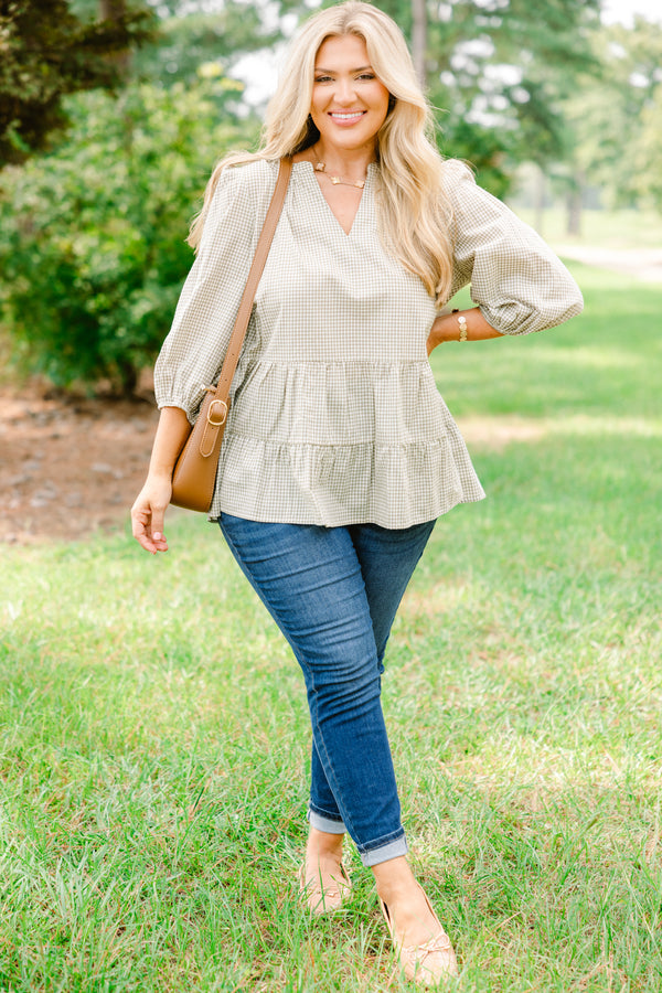 Chic Soul plus size clothing, light green and white gingham long puff sleeve top with v-neck and small peplum hem