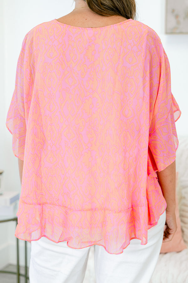 Chic Soul plus size clothing, short sleeve light fuchsia top with ruffled detailing and flowy sleeves