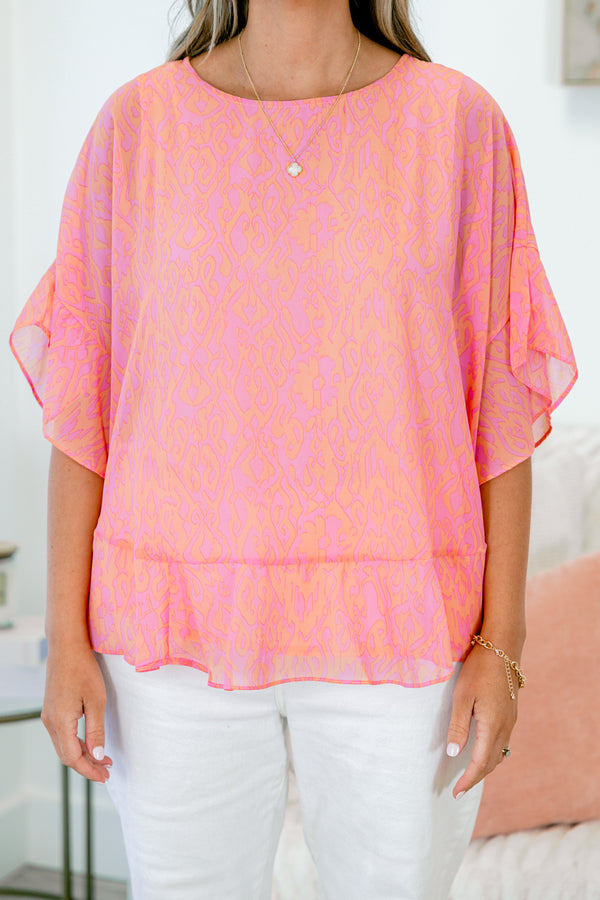 Chic Soul plus size clothing, short sleeve light fuchsia top with ruffled detailing and flowy sleeves
