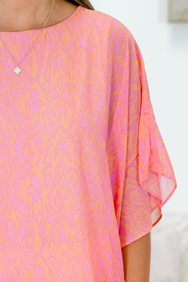 Chic Soul plus size clothing, short sleeve light fuchsia top with ruffled detailing and flowy sleeves