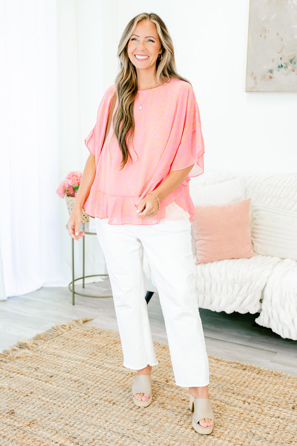 Chic Soul plus size clothing, short sleeve light fuchsia top with ruffled detailing and flowy sleeves