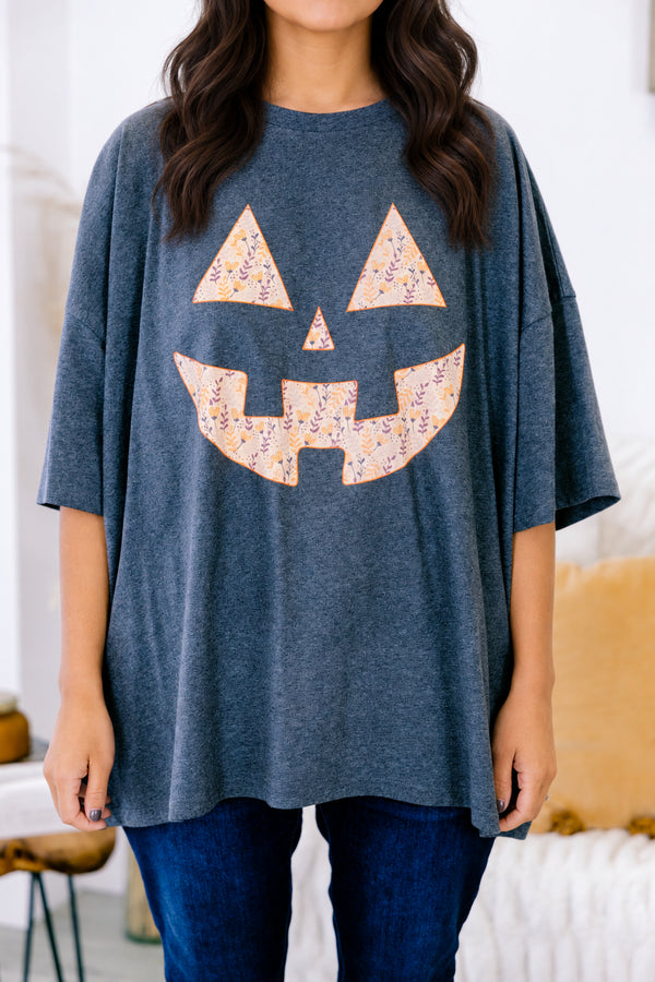 Chic Soul plus size clothing, charcoal boyfriend tee with a jack-o-lantern face on the center of the shirt 