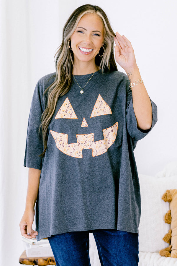 Chic Soul plus size clothing, charcoal boyfriend tee with a jack-o-lantern face on the center of the shirt 