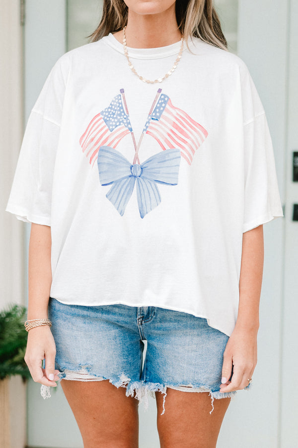 Chic Soul plus size clothing, white vintage washed tee with two American flags in a light blue bow graphic
