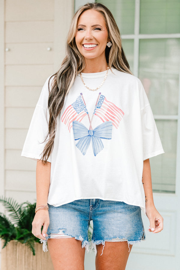 Chic Soul plus size clothing, white vintage washed tee with two American flags in a light blue bow graphic