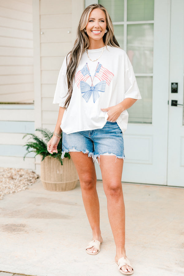 Chic Soul plus size clothing, white vintage washed tee with two American flags in a light blue bow graphic