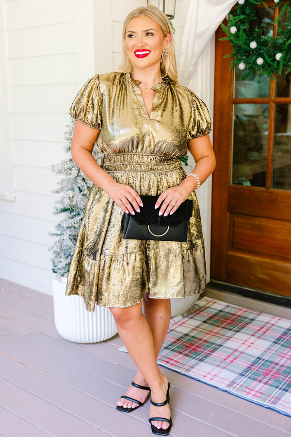 Chic Soul plus size clothing, gold short puff sleeve fit and flare dress with v cutout at neck and ruffle bottom